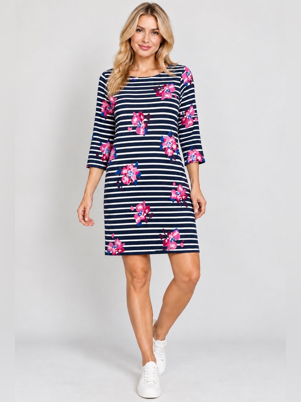 NWT Joules Riviera Print 3/4 Sleeved Striped Floral Mid Thigh Length Dress Navy